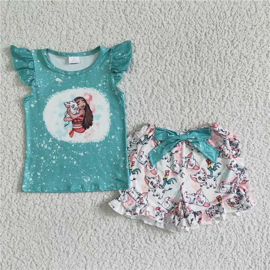 rts no moq GSSO0070 Girls Green Flying Sleeve Moana Top Bowknot Lace Shorts Set