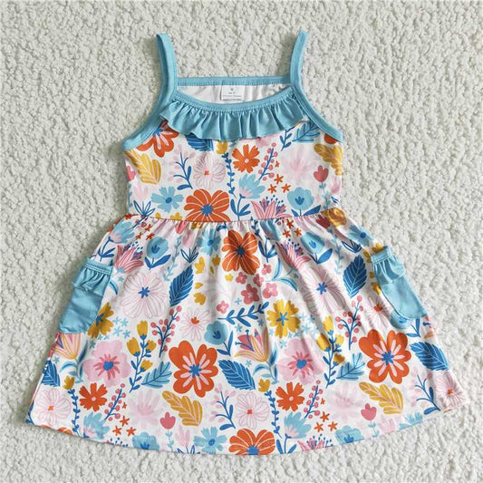 GSD0077 Girls Blue Sling Flower Pocket Skirt