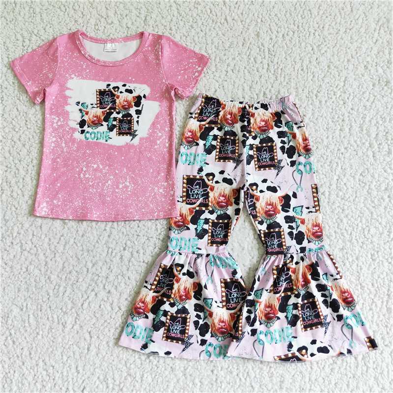 GSPO0026 cow pink bull head short-sleeved flared pants suit