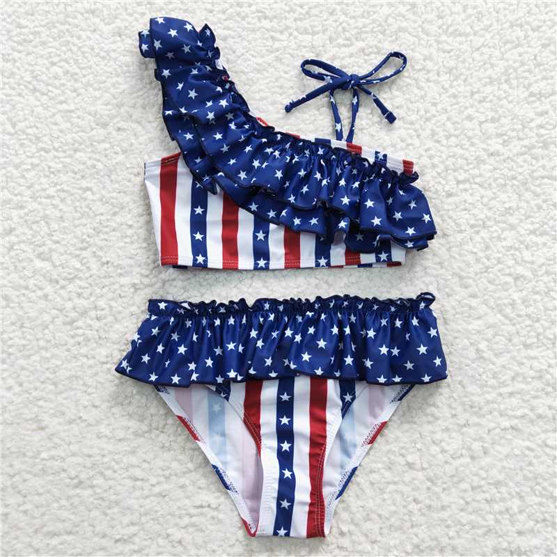 S0042 Girls National Day Stars and Stripes Stripes Swimsuit Set