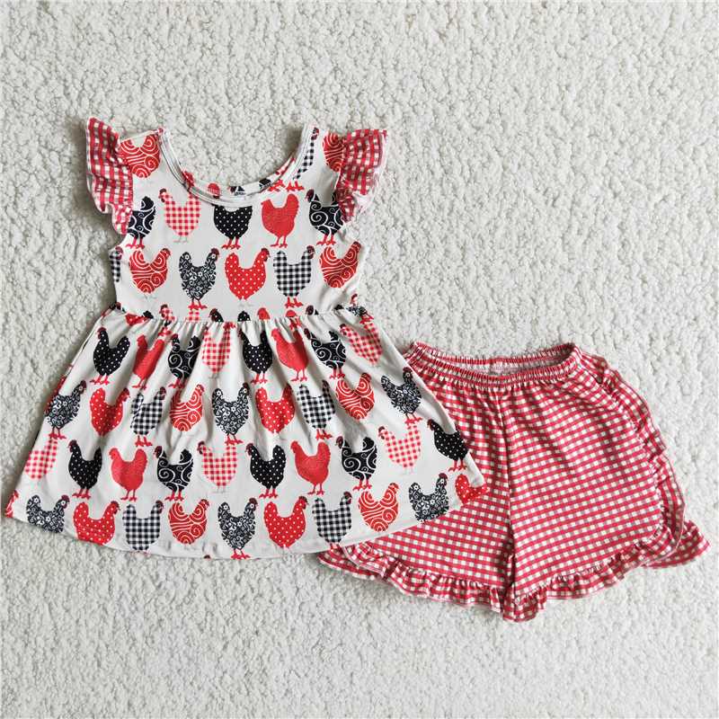 Girls rooster pattern red plaid shorts outfit