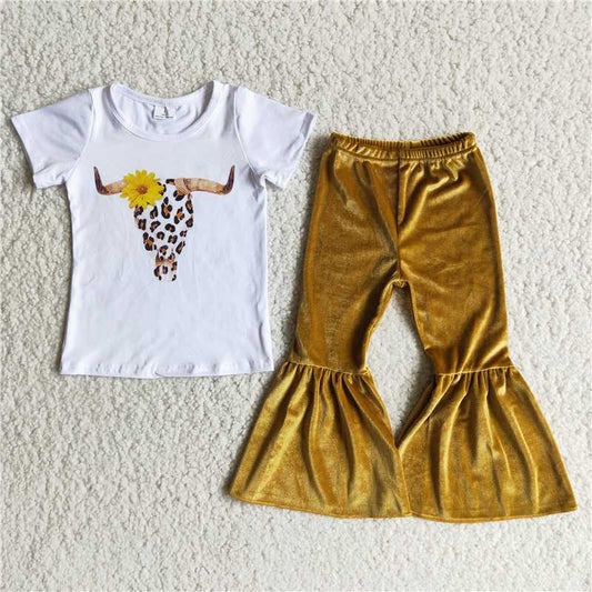 D2-11 girls outfit short sleeve and long gold velvet pants cow pattern