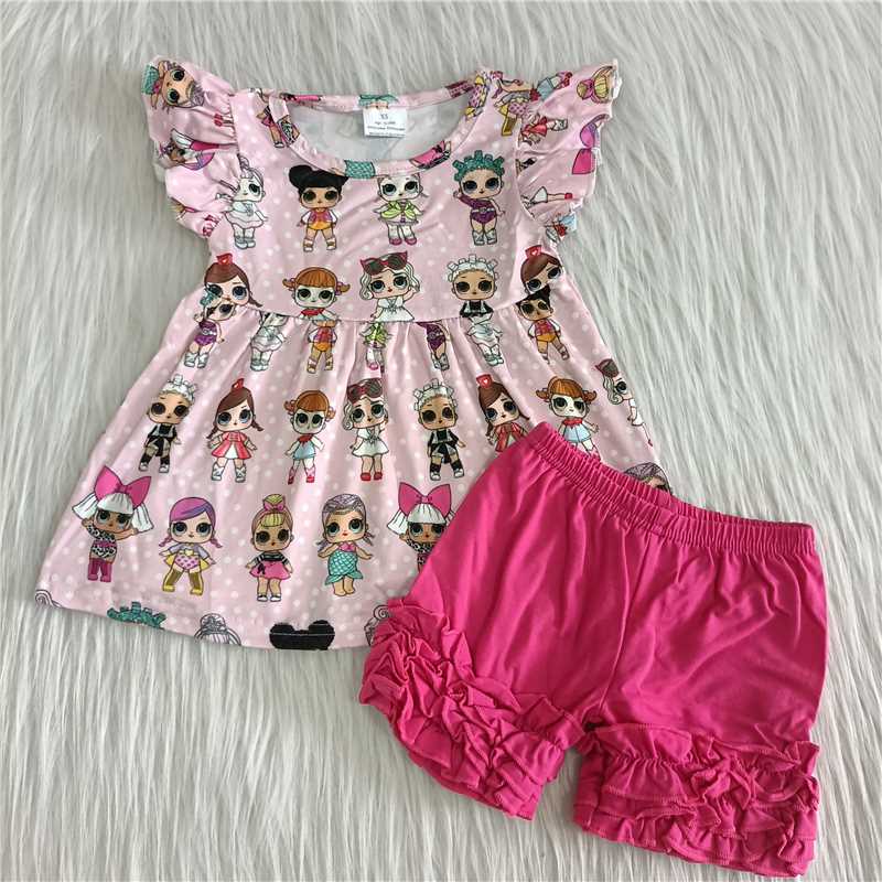 Girls big head carton pink little flying sleeve skirt rose red shorts outfit