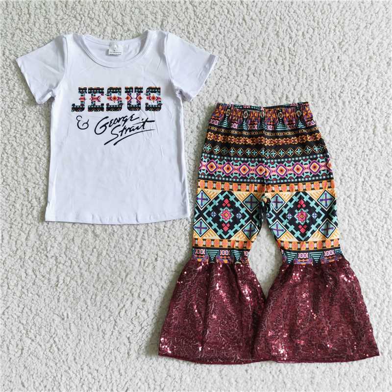 A3-9 Kids Clothing Girls Short Sleeve Top And Long Sequins Pants