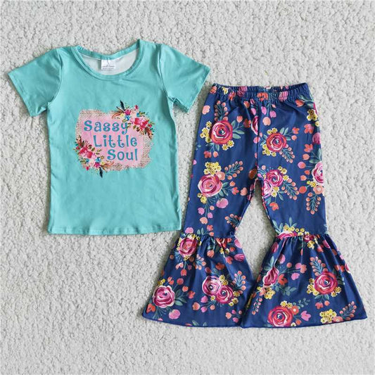 C11-4 Green Short Sleeve Top Flower Blue Pants C11-4