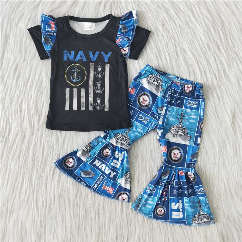 Girls Black Blue Flag Lace Short Sleeve Flared Pants Suit