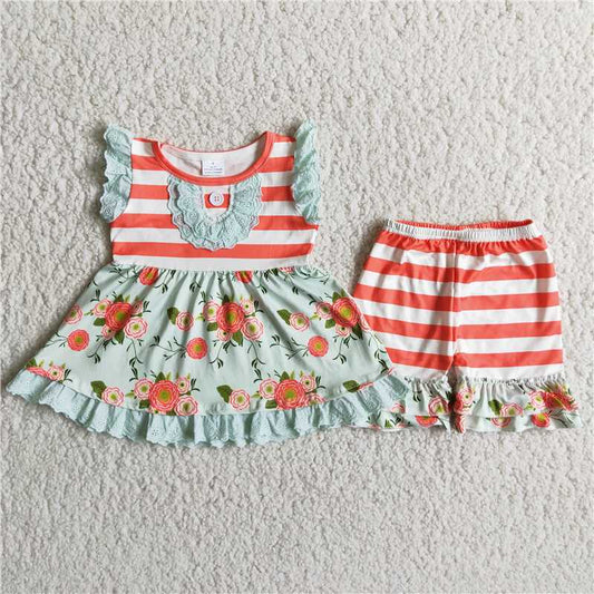 Girls Orange Striped Flower Sleeveless Top Striped Shorts Outfit