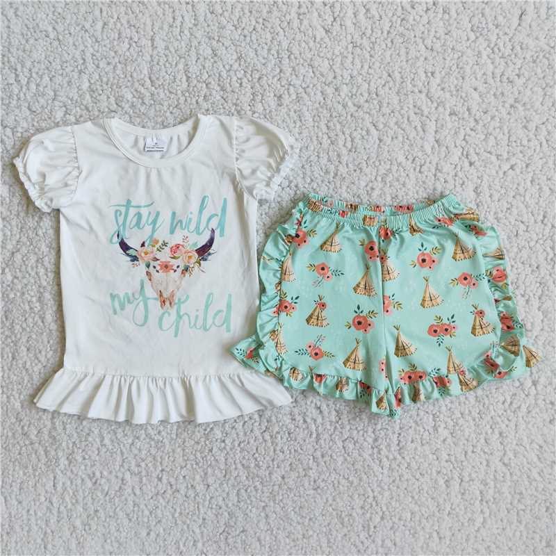 Girls flower bull head white blouse lace shorts outfit