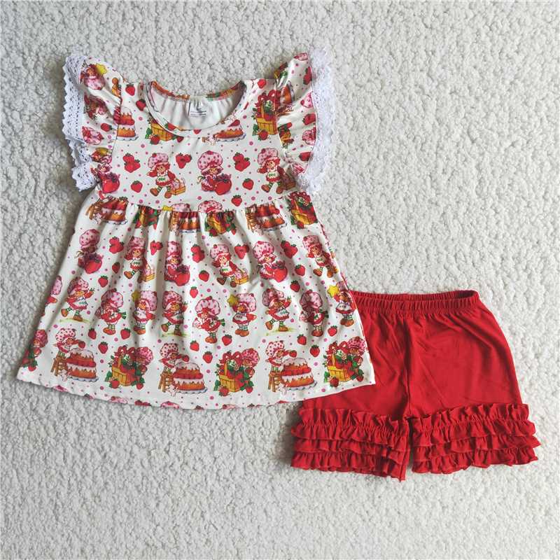 Girls Strawberry Cake Girl Lace Sleeve Red Shorts Outfit