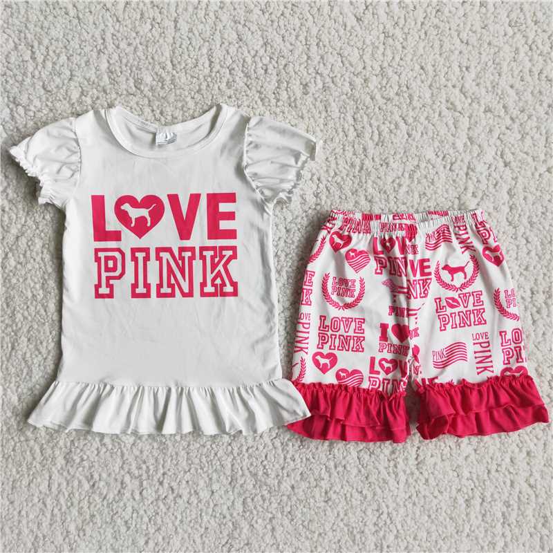 Girls love pink white puff sleeve double lace pants outfit