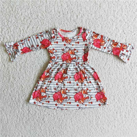 6 A29-16 Pumpkin Stripe Long Sleeve Lace Sleeve Dress