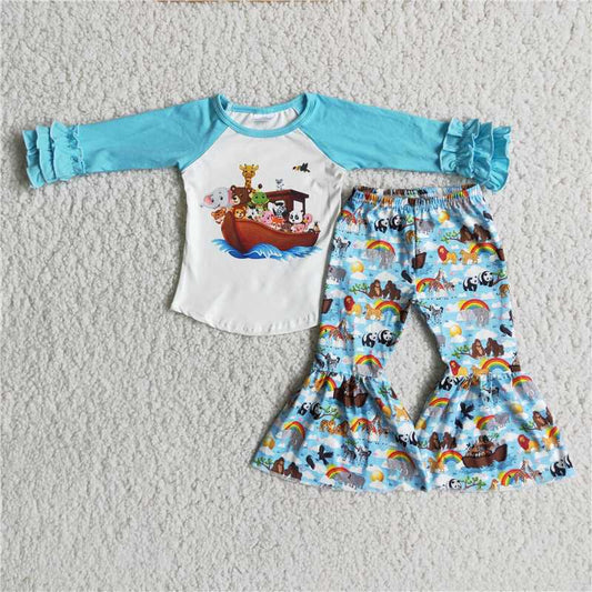 animals pattern blue raglan girl set