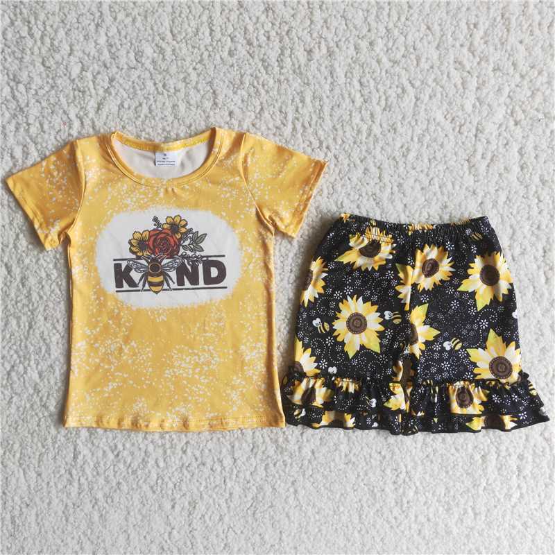 Girls bee yellow short-sleeved sunflower shorts suit outfit