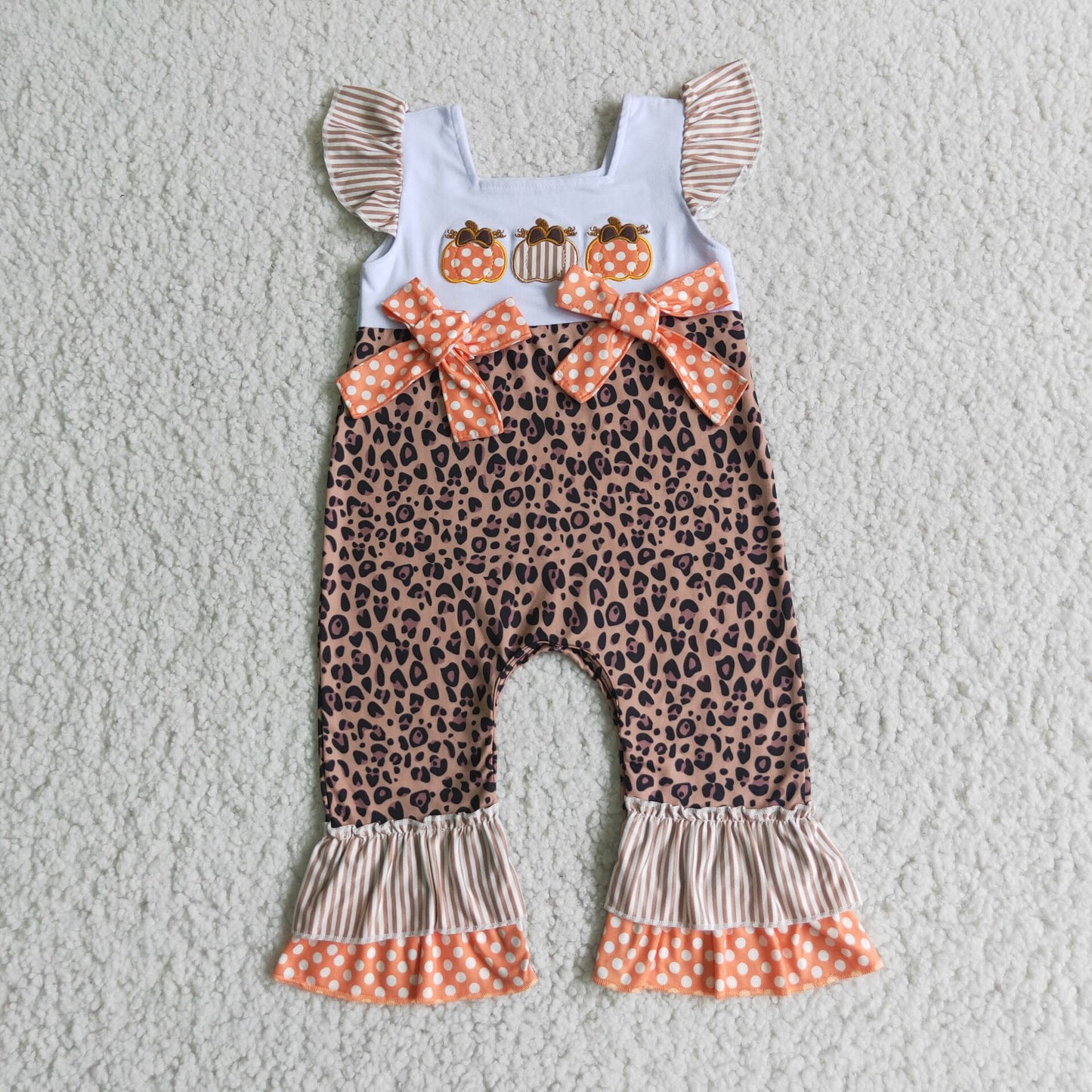 D1-15 Pumpkin Embroidered Orange Dot Leopard Romper