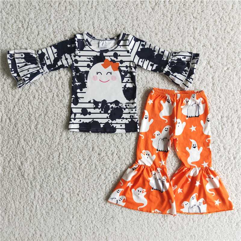 6 A11-13 cute ghost print long-sleeve top and printed trousers set Halloween Holiday