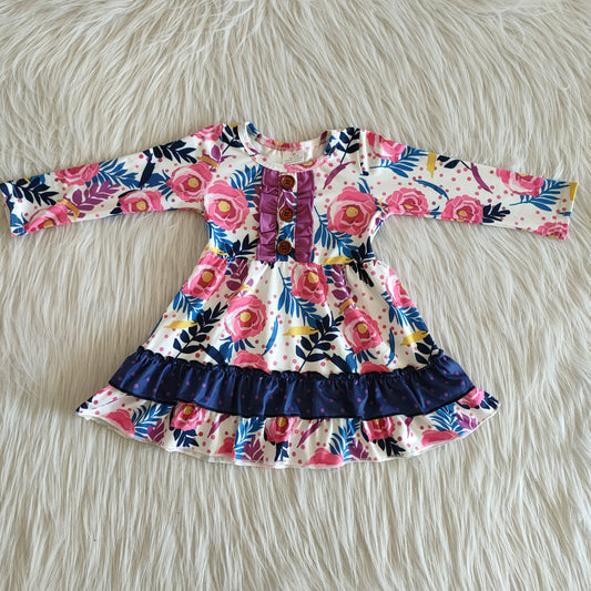 flowers pattern buttons long sleeve dress