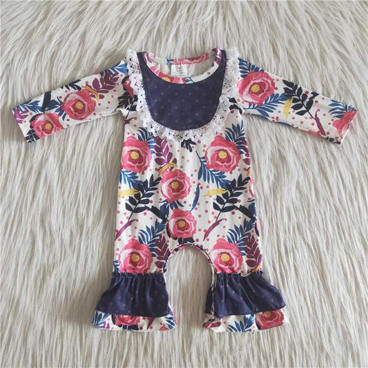 navy blue flowers pattern long sleeve romper