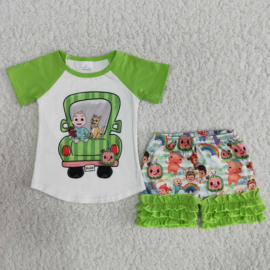 Girls car dog cartoon rainbow green shorts suit