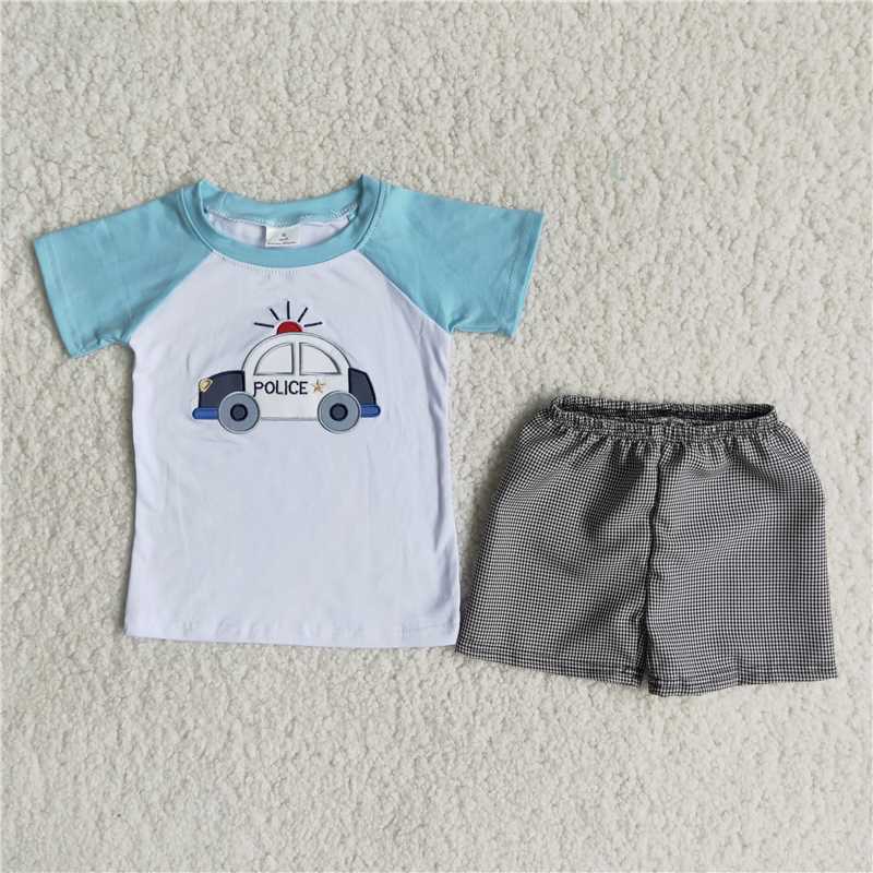 Embroidered Police Car Positioning Short Sleeve Shorts