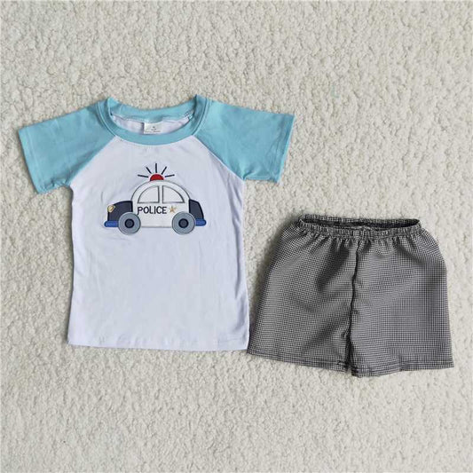 Embroidered Police Car Positioning Short Sleeve Shorts