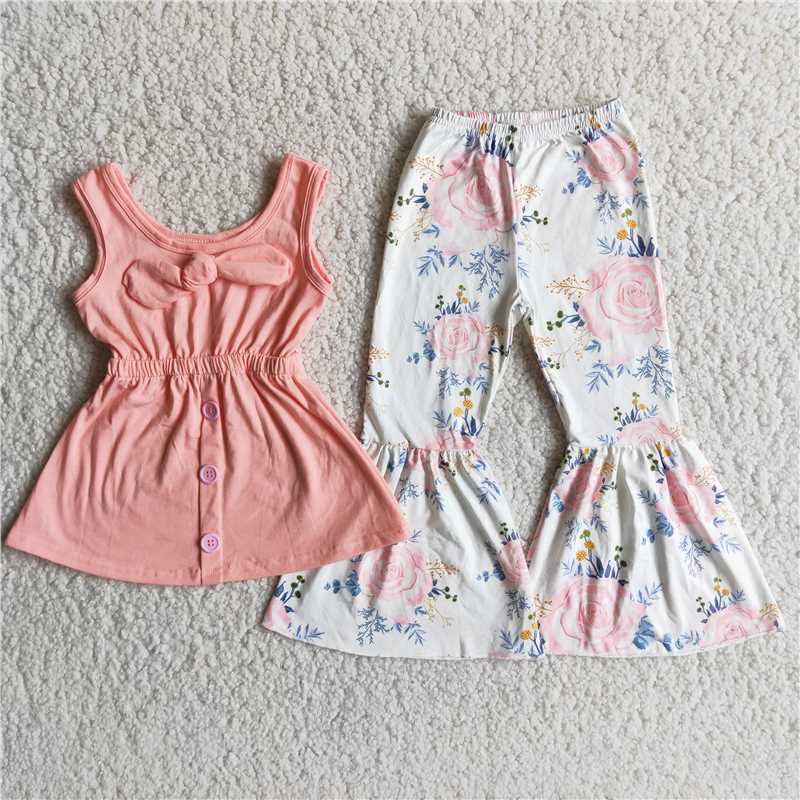 pink sleeveless top flowers pattern long pants set