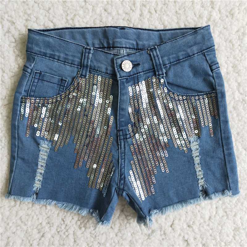 white sequin  blue  Denim Shorts