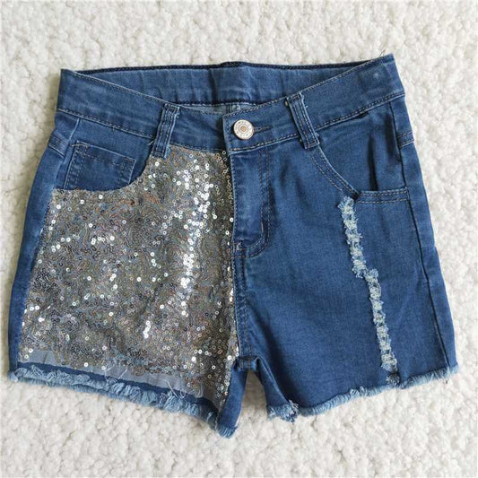 white sequin  blue  Denim Shorts