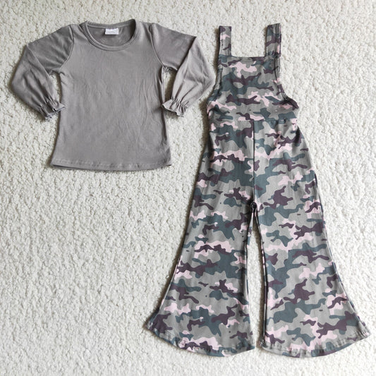 grey shirt top camo overalls suit