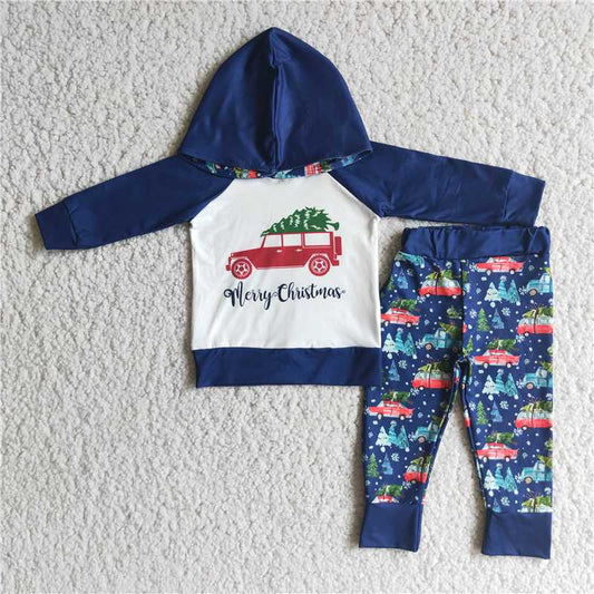 6 A12-13 boys christmas outfit long sleeve and long pants with a hat car print