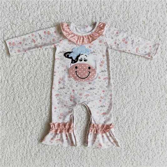 long sleeve girl romper embroidery cows print