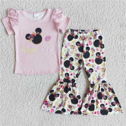 D7-3 Cartoon head pink short-sleeved top and trousers suit