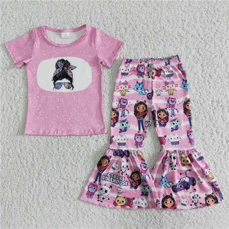 Glasses Girl Short Sleeve Cartoon Cat Flared Pants Suit