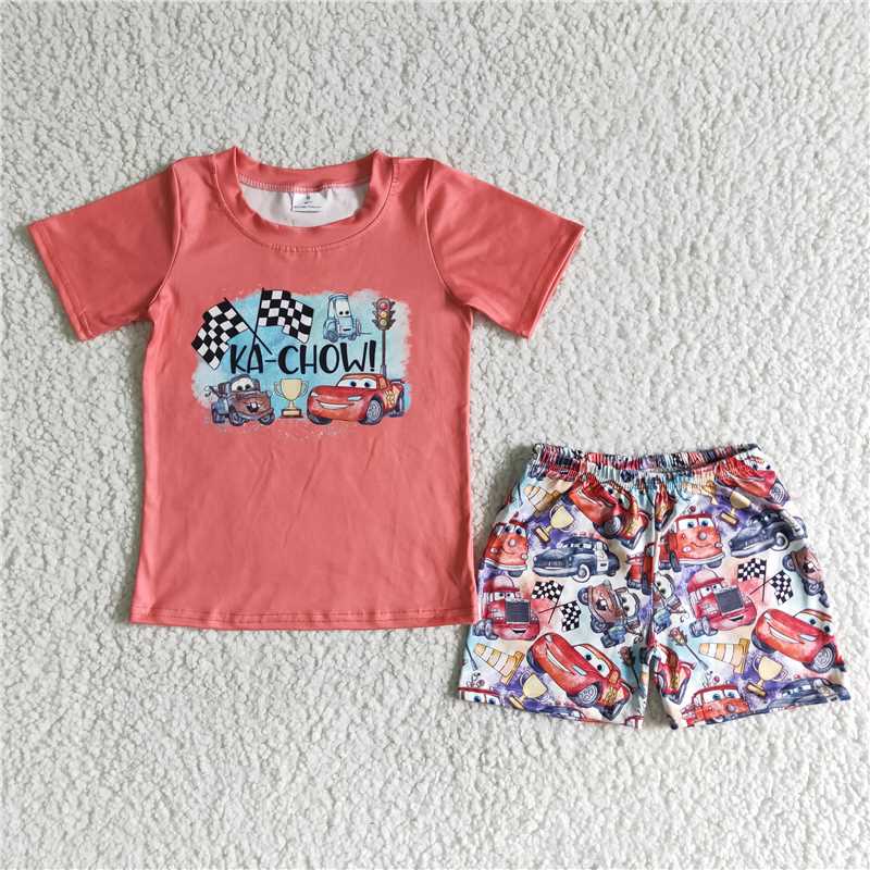 B15-25 Boys Flag Truck Red Short Sleeve Shorts Set