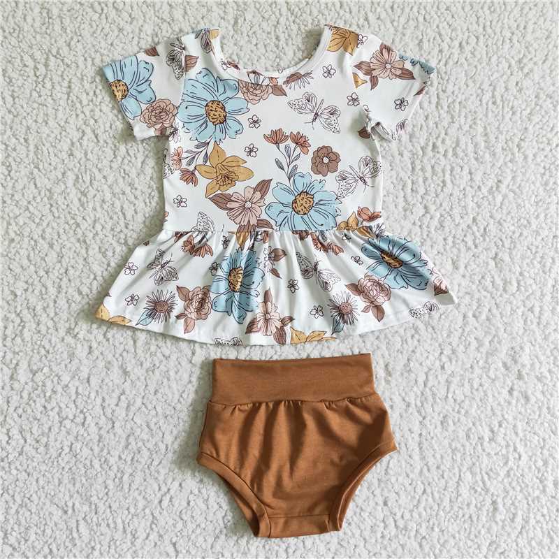 GBO0032 White Flower Butterfly Short Sleeve Khaki Brief Set