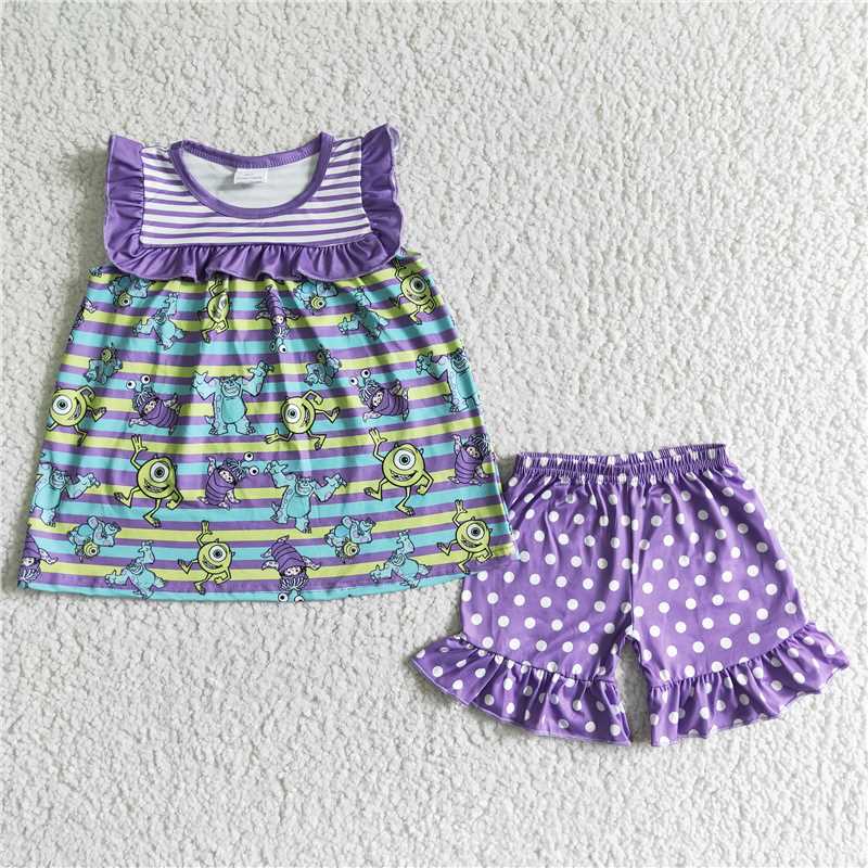 GSSO0077 Girls Monster University Cyclops Purple Flying Sleeves Striped White Dot Shorts Set