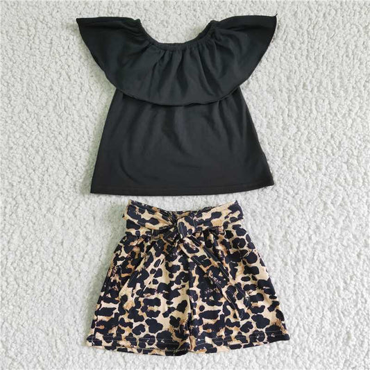 GSSO0082 Girls Black One Shoulder Top Leopard Print Shorts Set