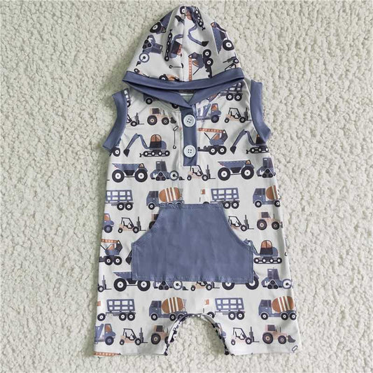 SR0045 Boys Excavator Pocket Button Hoodie Sleeveless Bodysuit