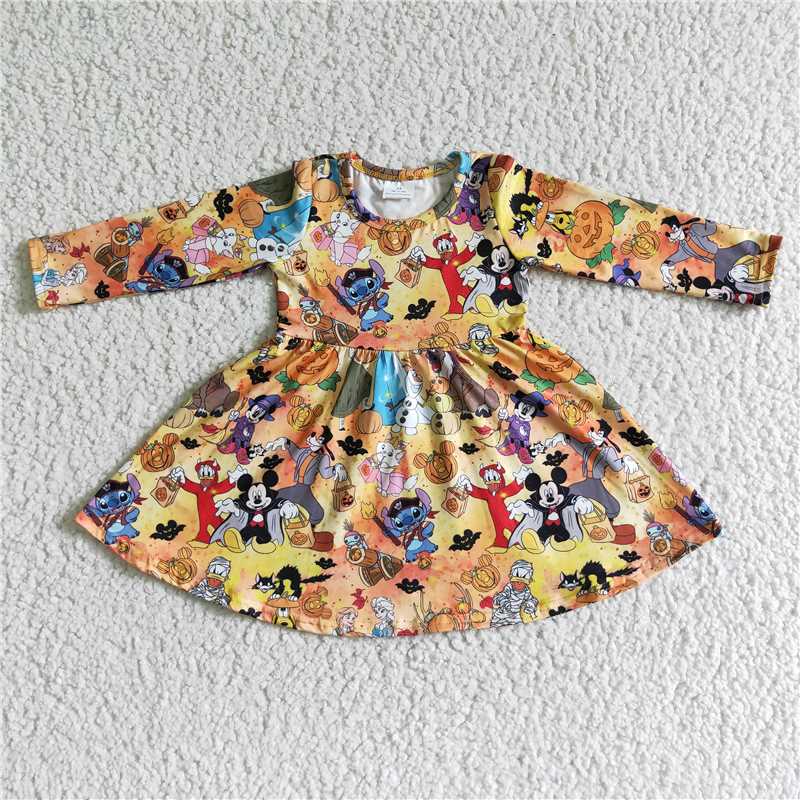 RTS NO MOQ ETA 5/7days GLD0015 baby clothing long sleeve cartoon print halloween kids dresses for girls milk silk