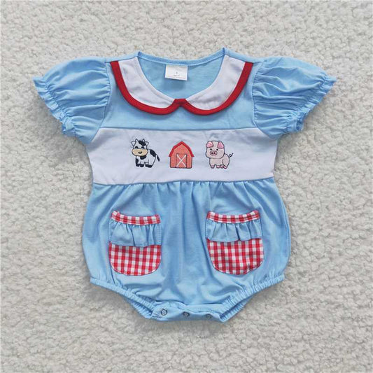 SR0263 Embroidered Farm Cow Pig Blue Short Sleeve Bodysuit