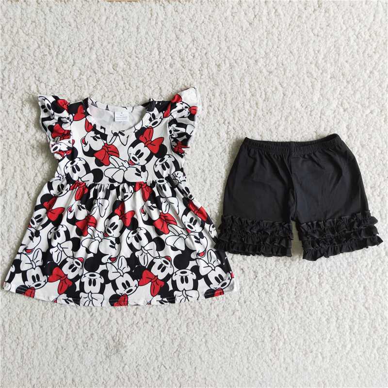 Girls cartoon black shorts with red bow outfit