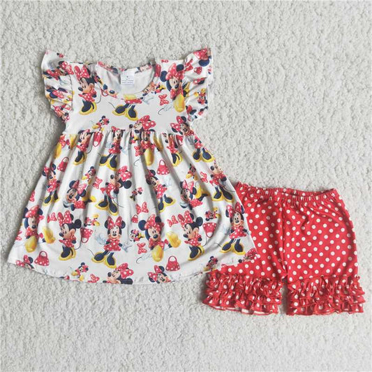 Girls cartoon bow polka dot red shorts outfit