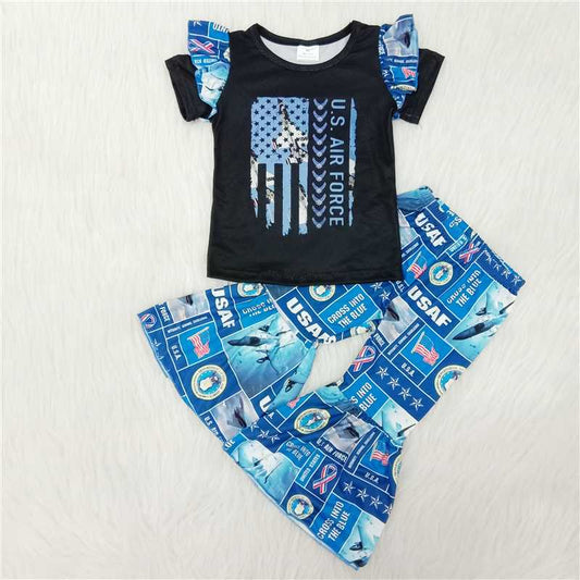 Blue Letter US Flag Lace Black Short Sleeve Flared Pants Suit