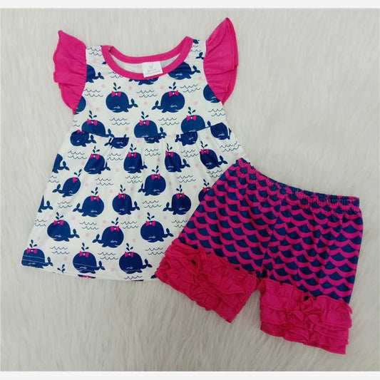 Girls Blue Whale Fly Sleeve Fish Scale Shorts Outfit