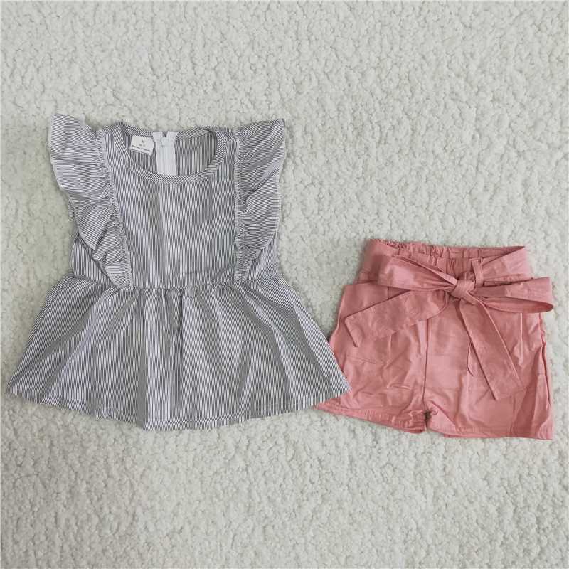 Girls Woven Striped Sleeveless Lace Top Pink Shorts Outfit