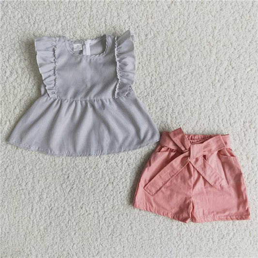 RTS NO MOQ D3-1 Woven Stripe Sleeveless Lace Top Pink Shorts