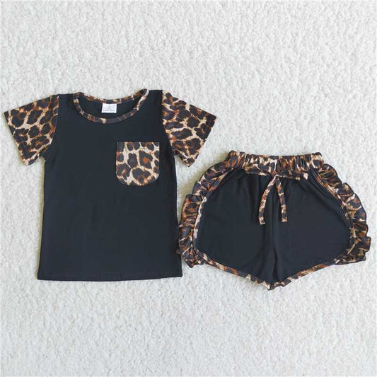 Girls leopard print pocket black lace-up shorts outfit