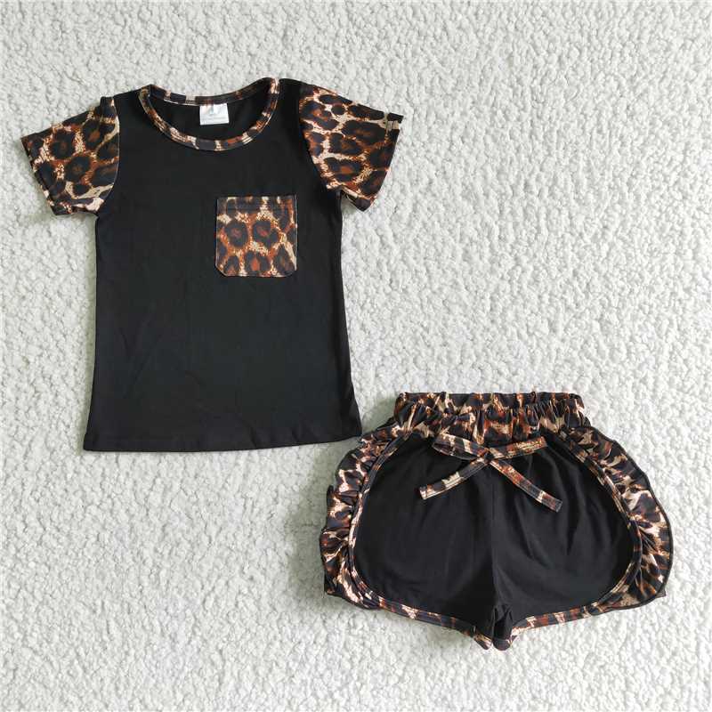 RTS NO MOQ（In Stock) C4-12 Leopard Pocket Black Lace Up Shorts