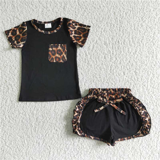 RTS NO MOQ（In Stock) C4-12 Leopard Pocket Black Lace Up Shorts