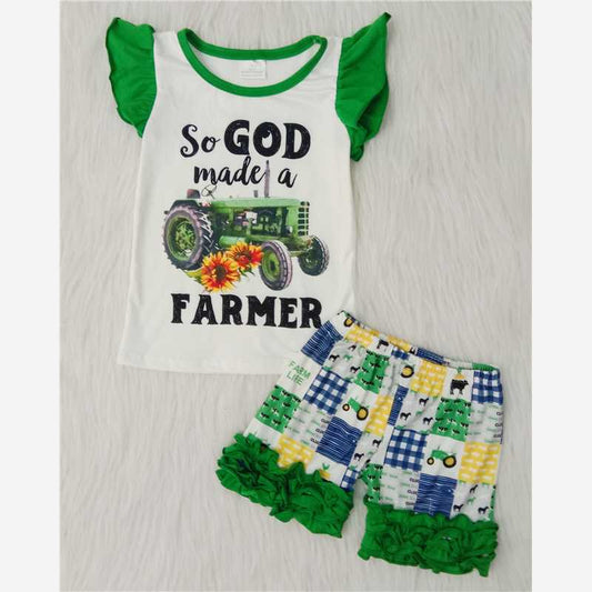 Girls Green Flying Sleeve Top Lace Shorts Tractor Truck Outfit