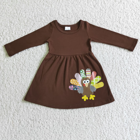 6 A31-12 Thanksgiving brown turkey print long sleeve dress